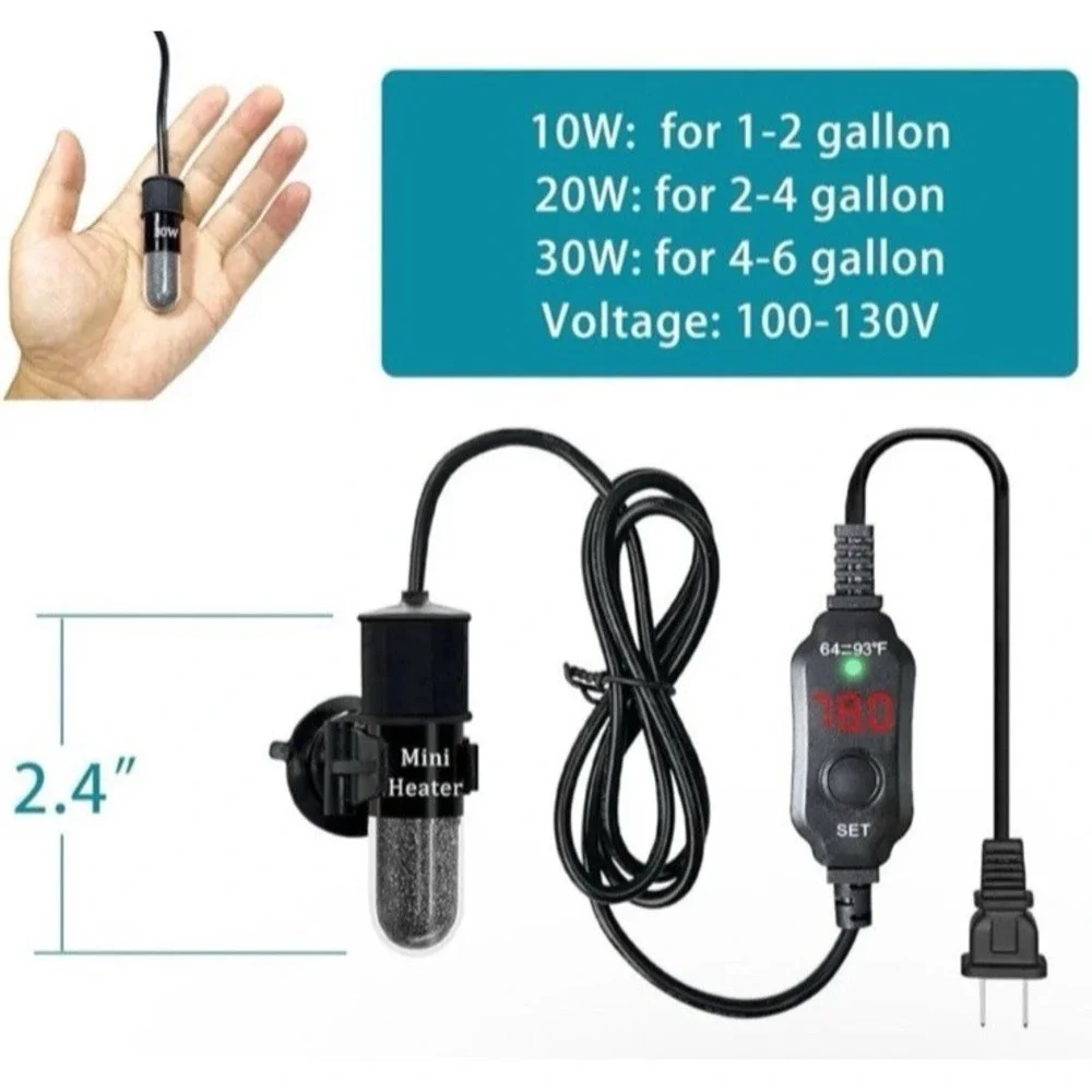 20W Mini Submersible Aquarium Heater Small With  Temp Display & Thermometer Fish